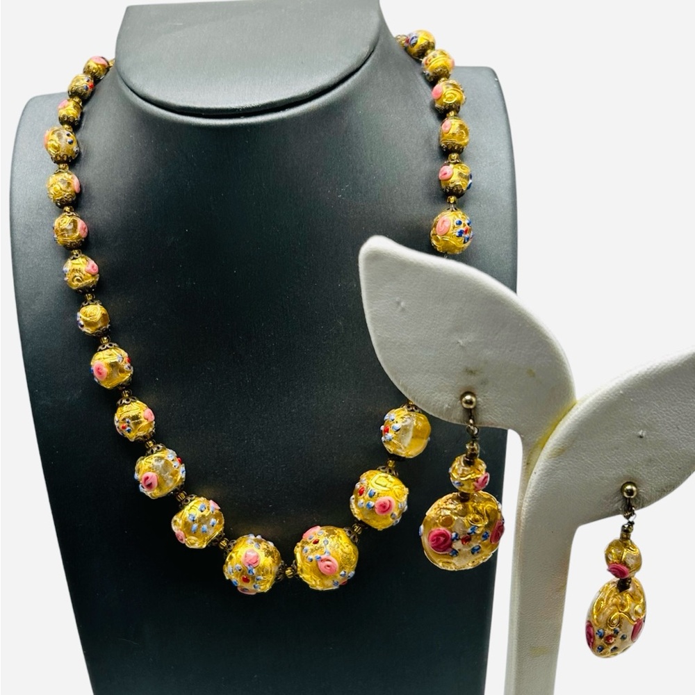 Exquisite Vintage Venetian Murano Wedding Cake Bead Necklace Earring Set
